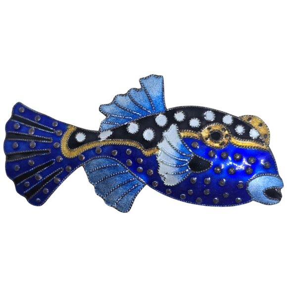 Zarah Jewelry - Zarah 925 Sterling Enamel Blue Boxfish Brooch Pin Hand Painted by Linda Bolhuis